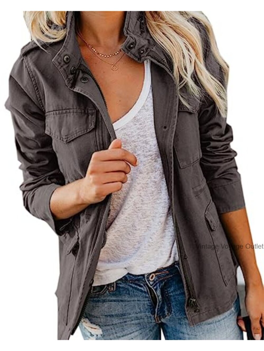 Lightweight Cotton Twill Utility Anorak Jacket with Snap Buttons